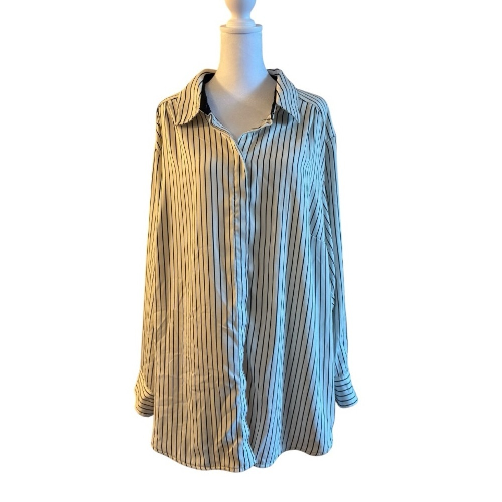 Rachel Zoe Striped Button Down Shirt Cream Black Oversized Blouse Size 3X